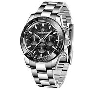 PAGRNE DESIGN Men's Watches Resistant Synthetic Sapphire Glass Automatic Wrist Watch Date Display 100M Waterproof Watches for Men Stainless Steel Bracelet (1666 Silver Black)