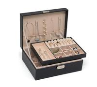 Pahajim Jewellery Box Organiser for Women, 2-Layer Large Jewelry Storage Case with Lock, Waterproof PU Leather Jewelry Case for Earrings Necklaces Rings Bracelets, Elegant Gift Idea (Black)