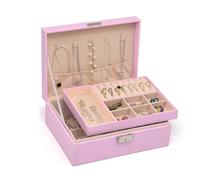 Pahajim Jewellery Box Organiser for Women, 2-Layer Large Jewelry Storage Case with Lock, Waterproof PU Leather Jewelry Case for Earrings Necklaces Rings Bracelets, Elegant Gift Idea (Pink)