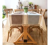 Pahajim Square TableCloth Linen Tablecloth Cotton Washable Table Cloth Wrinkle Free Tassel Design Table Cover for Kitchen Dinning Tabletop Decoration (Blue-Brown,55x55 inch)