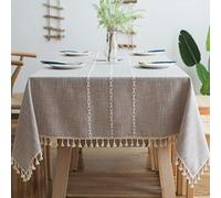 Pahajim Square Tablecloth Washable Cotton Linen Tassel Table cloth Striped Wrinkle Free Table Cover for Outdoor, Kitchen, Dining, Tabletop Decoration(Beige,55 x 55 inch)