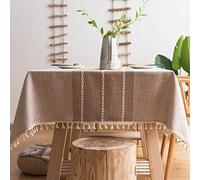 Pahajim Square Tablecloth Washable Cotton Linen Tassel Table cloth Striped Wrinkle Free Table Cover for Outdoor, Kitchen, Dining, Tabletop Decoration(Brown,55 x 55 inch)