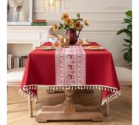 Pahajim Table cloths Rectangular Cotton Linen Tablecloth with Tassel Dust-Proof Washable Table Cover for Kitchen Dinning Outdoor Tabletop Decorations (Red,55 x 87 Inch)