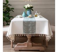 Pahajim Table cloths Rectangular Cotton Linen Tablecloth with Tassel Dust-Proof Washable Table Cover for Kitchen Dinning Outdoor Tabletop Decorations (White,55 x 71 Inch)