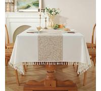 Pahajim Table cloths Rectangular Cotton Linen Washable Table Cover White | Wipe Clean Tablecloth Printed Dust-Proof with Tassel for Kitchen Dinning Outdoor