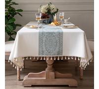 Pahajim Table cloths Rectangular Cotton Linen Washable Table Cover White | Wipe Clean Tablecloth Printed Dust-Proof with Tassel for Kitchen Dinning Outdoor