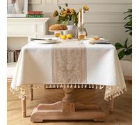 Pahajim Table cloths Rectangular Cotton Linen Washable Table Cover White | Wipe Clean Tablecloth Printed Dust-Proof with Tassel for Kitchen Dinning Outdoor