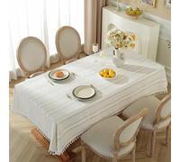 Pahajim Tablecloth Rectangular Table Cloth Cotton Linen Tassel Wipe Clean Washable Tablecloth Wrinkle Freefor Kitchen, Dinning,Party Tabletop Decoration(White-Stripe,55 x 94 inch)