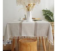 Pahajim Tablecloths Rectangular Cotton Linen Wrinkle Free Checkered Tassel Tablecloth Middle Embroidery Washable Table cover for Kitchen, Dinning Tabletop Decoration (55 x 55 inch)