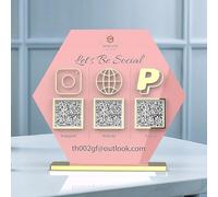 Pahdecor 3D Hexagon QR Code Signs for Personalized Business Acrylic Custom Multi Social Media Sign Scan to Pay Payment Instagram Facebook Venmo Cashapp Zelle Logo Plaque Stand Beauty Salon Decor