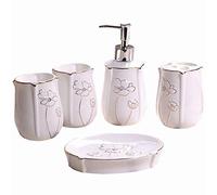 Pahdecor White Ceramic Marble Bathroom Accessory Set,5-Piece Floral Bathroom Accessories Set with Gold Stripe Includes Soap/Lotion Dispenser,Toothbrush Holder,2 Pieces Tumbler,and Soap Dish