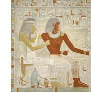 Paheri and his wife Henut-er-neheh. At their feet their pet monkey. Illustration made from the funerary painting on the east wall of the tomb of Paheri in El Kab Egypt. Paheri was a nomarch or
