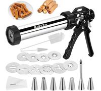 PAHTTO Churro Maker Machine, Stainless Steel Churros Gun Kit, 3-in-1 Multifunctional Cookie Press Hollow Churro with Piping Bag, 7 Piping Nozzles, 9 Cookie Discs & 2 Brushes, Easy to Clean