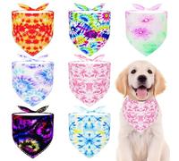 Pai Sence 7 PCS Medium Tie Dye Dog Bandanas Hemming Seam Edge Dog Bandana for Small Dogs Print One Side Large Cats Scarfs Party Grooming M