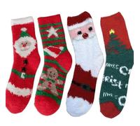 Paicreate 4 Pairs Women's Multicolour Fuzzy Bed Socks, Winter Fluffy Cozy Slipper Socks, Size UK 5-9, US 6-10 (4PCS-Christmas)