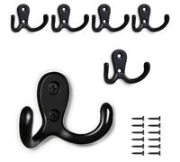 PAIDASHU 6-Pack Double Coat Hooks, Metal Hooks, Wall-Mounted Coat Hooks with Screws for Hanging Clothes, Hats, Towels, Keys, Kitchenware, for Living Room, Bedroom, Bathroom, Kitchen (Black)