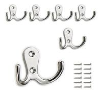 PAIDASHU 6-Pack Double Coat Hooks, Metal Hooks, Wall-Mounted Coat Hooks with Screws for Hanging Clothes, Hats, Towels, Keys, Kitchenware, for Living Room, Bedroom, Bathroom, Kitchen (Silvery)