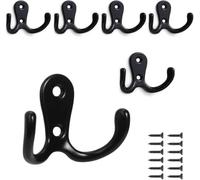 PAIDASHU 6 Pack Double Coat Hooks,with Screws,Metal Hooks (Black) | for Hanging Clothes, Hats, Towels, Keys, Kitchenware, for Living Room, Bedroom, Bathroom, Kitchen