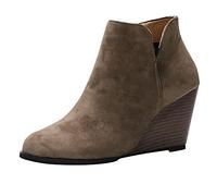PAIDAXING Ankle Boots for Women Faux Suede Leather Mid Low Wedge Heels Side Zipper Casual Fashion Chelsea Boots for Ladies UK Size 3.5-7.5