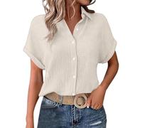 PAIDAXING Blouses for Women UK Chino Textured Cotton Linen Summer Short Sleeve V Neck Button Down Tops Ladies Casual Solid Color Business Office Work Shirts with Pocket