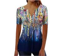 PAIDAXING Boho Tops for Women UK Elegant Floral Printed Henley Shirts V Neck Short Sleeve Button Down Tunic Tops Ladies Summer Loose Fit Pleated Office Work Blouse