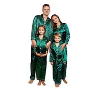 PAIDAXING Christmas Family Pyjamas Set Satin Long Sleeve Button Down Sleepwear Solid Silk Tops Bottoms Matching Pjs for Family Men's Xmas Loungewear Sets Green