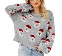 PAIDAXING Christmas Jumper Women Cute Santa Claus Embroidery Knitted Jumpers Warm Crew Neck Long Sleeve Plush Tops Ladies Soft Loose Knit Pullover Sweater for Autumn Winter