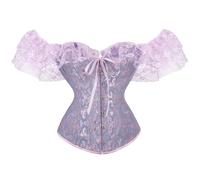 PAIDAXING Corset Tops for Women UK Gothic Off-Shoulder Overbust Basque Lace Up Boned Bustier with Short Sleeves Waist Cincher Shapewear Vintage Bridal Lingerie Halloween Costume Adults