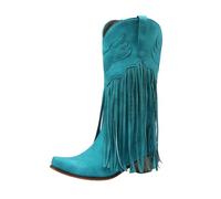 PAIDAXING Cowboy Boots for WOmen UK Retro Western Suede Mid Calf Cowgirl Boots with Fringe Point Toe Chunky Heel Wide Calf Ridding Boot Ladies Autumn Winter Outdoor Shoes