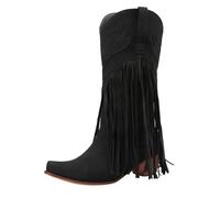 PAIDAXING Cowboy Boots for WOmen UK Retro Western Suede Mid Calf Cowgirl Boots with Fringe Point Toe Chunky Heel Wide Calf Ridding Boot Ladies Autumn Winter Outdoor Shoes