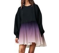 PAIDAXING Dresses for Women UK Oversized Long Sleeve Plaid Sweatshirt Dress Ladies Patchwork Crewneck Pullover Tops Loose Flowy Pleated Mini Dress Relaxed Fit Jumper Dresses Autumn Clothes