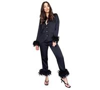 PAIDAXING Feather Trim Pyjama Sets for Women 2pc Long Sleeve Silk Satin Pjs Loungewear Ladies Casual Solid Lapel Button Down Sleepwear with Long Pants Brides Nightwear for Weeding Black