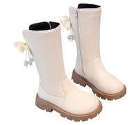 PAIDAXING Girls Winter Boots Knee High Faux Fur Lined Leather Snow Boots Warm Non-Slip Side Zipper Riding Boots with Bowknot for Kids White