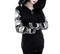 PAIDAXING Gothic Punk Zipper Hoodie Cardigan Jacket for Women Long Hoodie Hooded Occult Devil Print Sweatshirt Coat Outerwear Tops Black