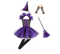 PAIDAXING Halloween Witch Costume for Girls Tutu Dress Set Includes Witch Hat, Broom, Gloves & Socks - Perfect for Halloween Parties, Fancy Dress & Cosplay - Sizes 3-12 Years Kids Purple