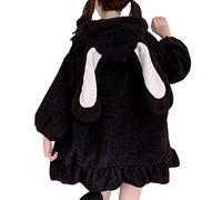 PAIDAXING Hoodies for Women Cute Bunny Ear Hoodie Fuzzy Fluffy Rabbit Sweater Sweatshirt Pullover Tops Kawaii Hoodies Loose Baggy Soft Zipper Coats Jacket Black
