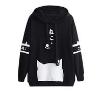 PAIDAXING Hoodies for Women Cute Cat Print Long Sleeve Sweatshirt Tops Stitching Color Kawaii Hoodie with Big Front Pocket Casual Loose Fit Drawstring Pullover Hooded Sweatshirts for Teen Girls