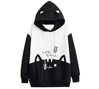 PAIDAXING Hoodies for Women Cute Cat Print Long Sleeve Sweatshirt Tops Stitching Color Kawaii Hoodie with Big Front Pocket Casual Loose Fit Drawstring Pullover Hooded Sweatshirts for Teen Girls