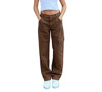 PAIDAXING Jeans for Women UK Straight Wide Leg Demin Cargo Pants with Large Pocket Vintage Mid Rise Y2k Barrel Jeans Slim Boyfriend Trousers All Seasons Brown