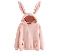 PAIDAXING Kawaii Hoodie for Womens Girls Cute Bunny Ear Hoodie Funny Rabbit Tops Hoody Drawstring Hoody Sweatshirts Kangaroo Pockets Pullover Blouse Jumpers Pink