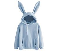 PAIDAXING Kawaii Hoodie for Womens Girls Cute Bunny Ear Hoodie Funny Rabbit Tops Hoody Drawstring Hoody Sweatshirts Kangaroo Pockets Pullover Blouse Jumpers Blue