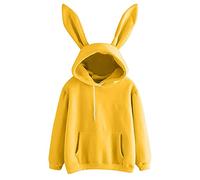 PAIDAXING Kawaii Hoodie for Womens Girls Cute Bunny Ear Hoodie Funny Rabbit Tops Hoody Drawstring Hoody Sweatshirts Kangaroo Pockets Pullover Blouse Jumpers Yellow
