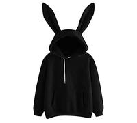 PAIDAXING Kawaii Hoodie for Womens Girls Cute Bunny Ear Hoodie Funny Rabbit Tops Hoody Drawstring Hoody Sweatshirts Kangaroo Pockets Pullover Blouse Jumpers Black