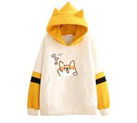 PAIDAXING Kawaii Hoodies for Women Cute Cat Ear Pullover Japanese Letter Hoody Drawstring Kangaroo Pockets Blouse Tops for Teen Girls