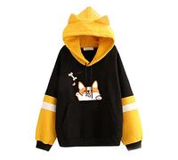 PAIDAXING Kawaii Hoodies for Women Cute Cat Ear Pullover Japanese Letter Hoody Drawstring Kangaroo Pockets Blouse Tops for Teen Girls 02-black