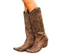 PAIDAXING Knee-High Boots for Women UK Retro Pointed Toe Low Heel Weatern Cowboy Cowgirl Ridding Boots Ladies Autumn Winter Comfortable Outdoor Walking Shoes Footwear