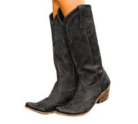 PAIDAXING Knee-High Boots for Women UK Retro Pointed Toe Low Heel Weatern Cowboy Cowgirl Ridding Boots Ladies Autumn Winter Comfortable Outdoor Walking Shoes Footwear