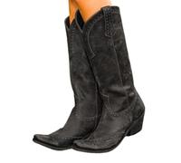 PAIDAXING Knee-High Boots for Women UK Retro Pointed Toe Low Heel Weatern Cowboy Cowgirl Ridding Boots Ladies Autumn Winter Comfortable Outdoor Walking Shoes Footwear