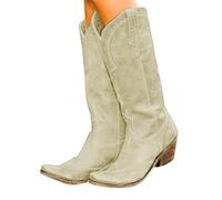 PAIDAXING Knee-High Boots for Women UK Retro Pointed Toe Low Heel Weatern Cowboy Cowgirl Ridding Boots Ladies Autumn Winter Comfortable Outdoor Walking Shoes Footwear