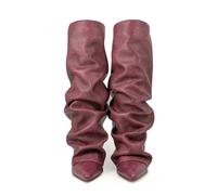 PAIDAXING Knee High Boots for Women UK Slouchy Stacked Folded Cuff Pointed Toe Chunky Block Heel Dress Boots Ladies Autumn Winter Fashion Casual Comfortable Mid Calf Boot Shoes